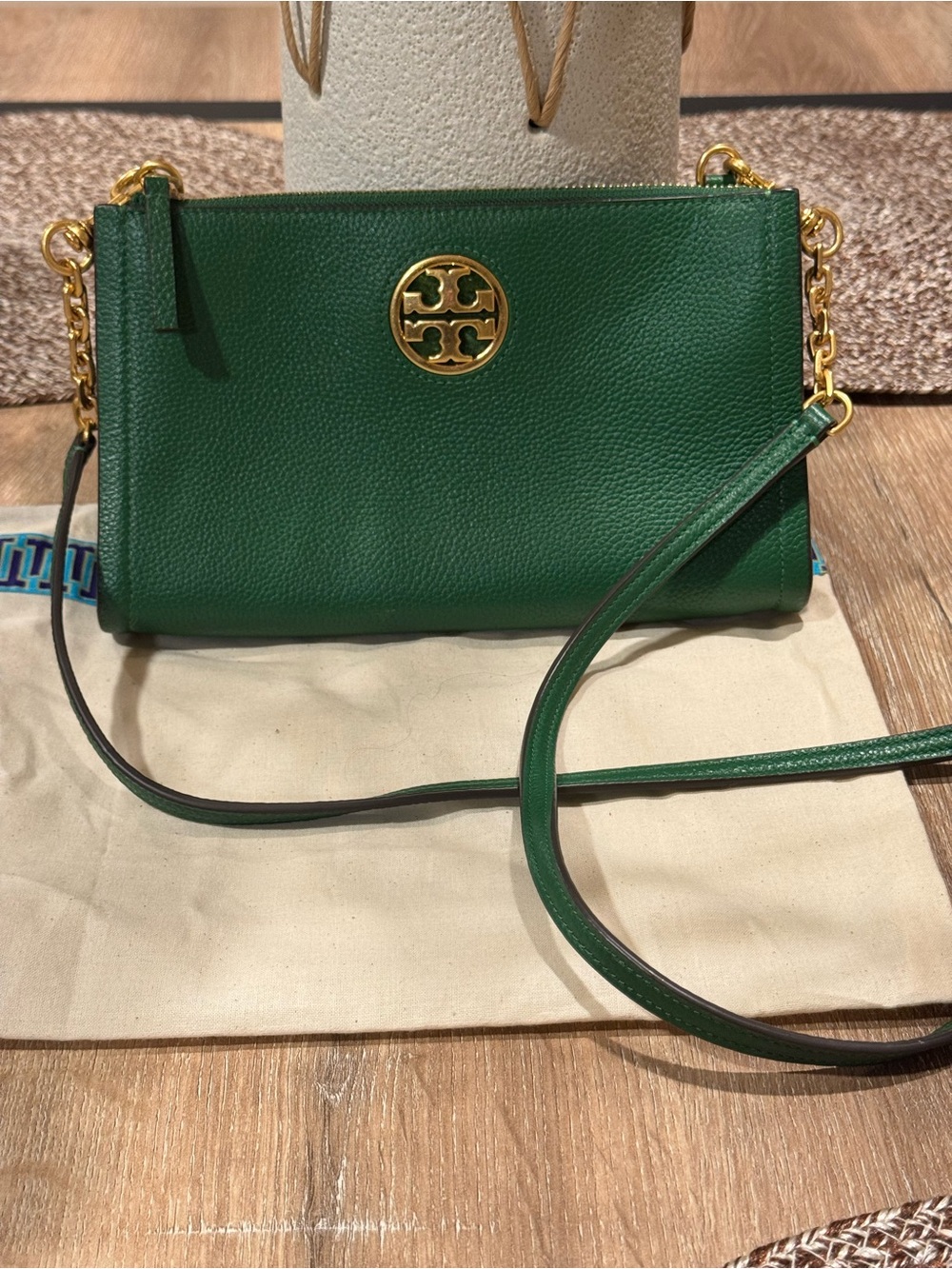Tory Burch Emerald Green Fleming Crossbody with Gold Logo